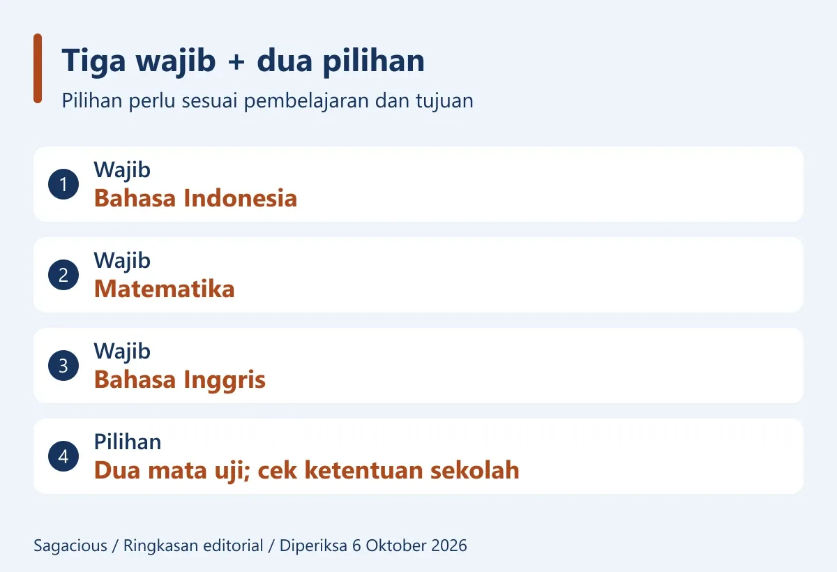 Format TKA Senior: Bahasa Indonesia, Matematika, Bahasa Inggris, dan dua mata pelajaran pilihan.