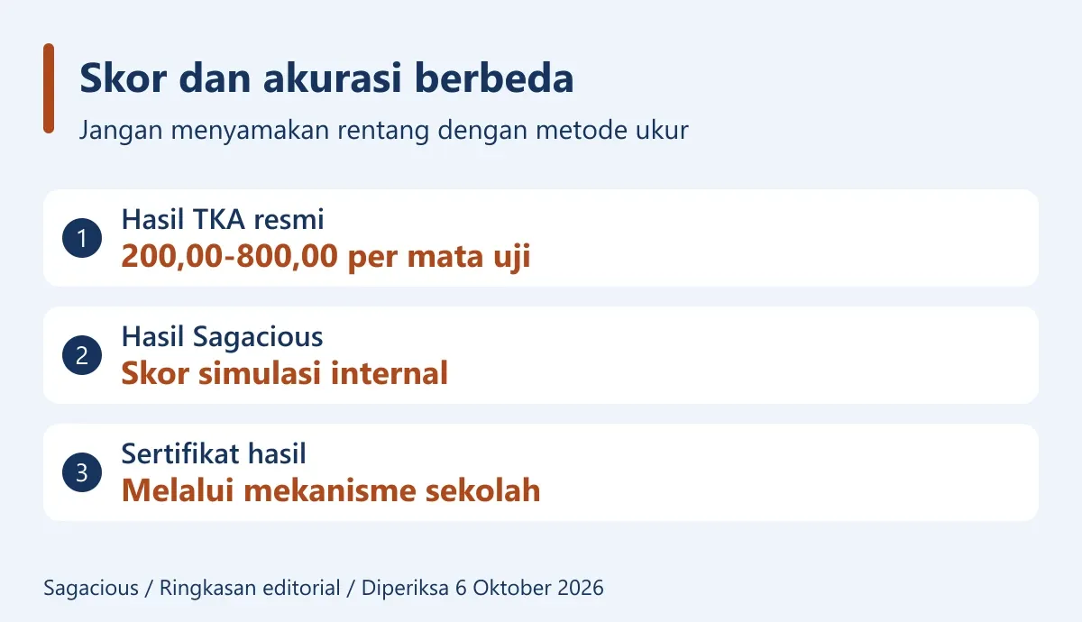 Hasil resmi 200-800 per mata uji, hasil Sagacious skor simulasi internal, sertifikat melalui sekolah.