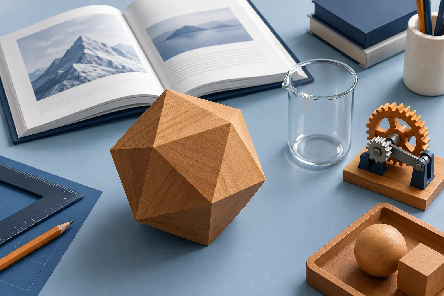 Model geometri kayu, alat sains sederhana, dan buku terbuka dalam susunan diagonal