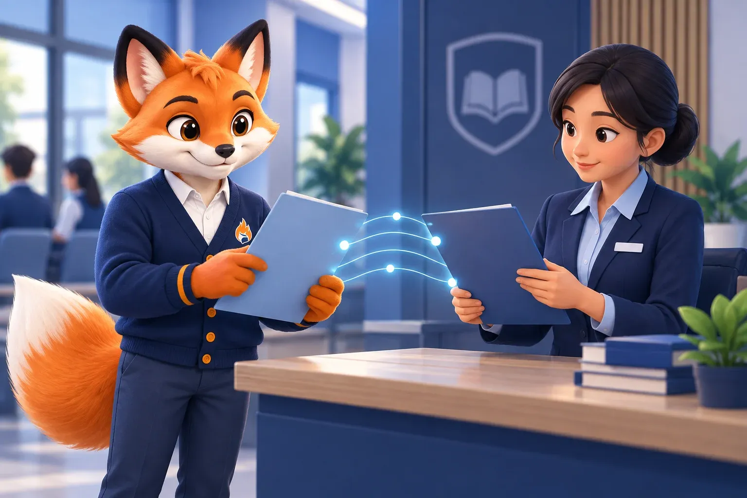 Rubah maskot dan petugas sekolah mencocokkan berkas melalui simbol penghubung data.