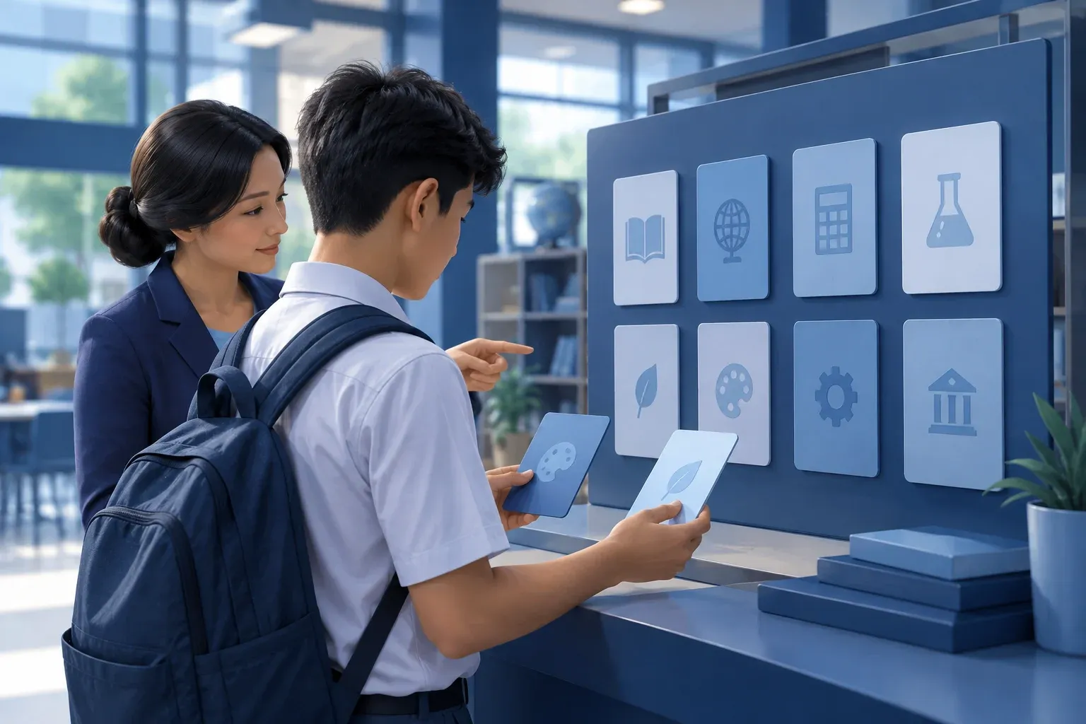 Siswa memilih dua kartu mata pelajaran dengan bantuan pendamping sekolah.